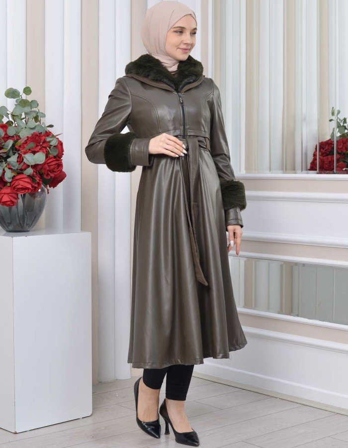 HOODED FUR SLEEVE BELT LEATHER TRENCH COAT 1350 Haki