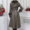 HOODED FUR SLEEVE BELT LEATHER TRENCH COAT 1350 Haki