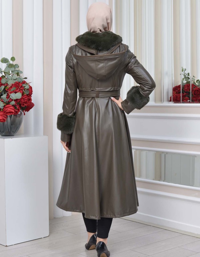 HOODED FUR SLEEVE BELT LEATHER TRENCH COAT 1350 Haki