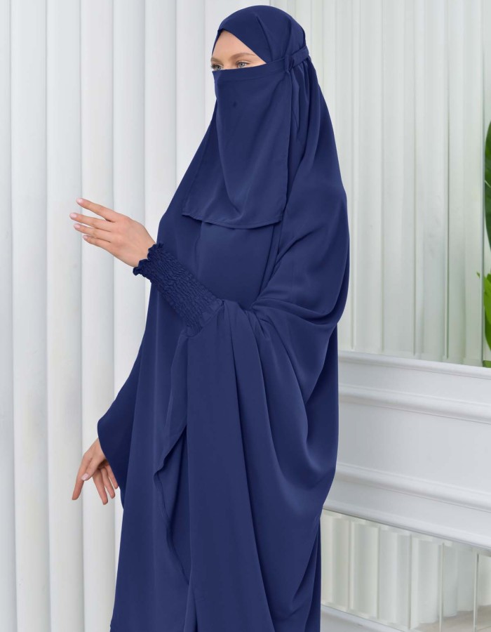 Muslim Dresses For Women ,Abayas Prayer Islamic Clothes Long dress Hijab Bonnet 2Pieces Sleeve Hijab Sheet 822 - deep blue