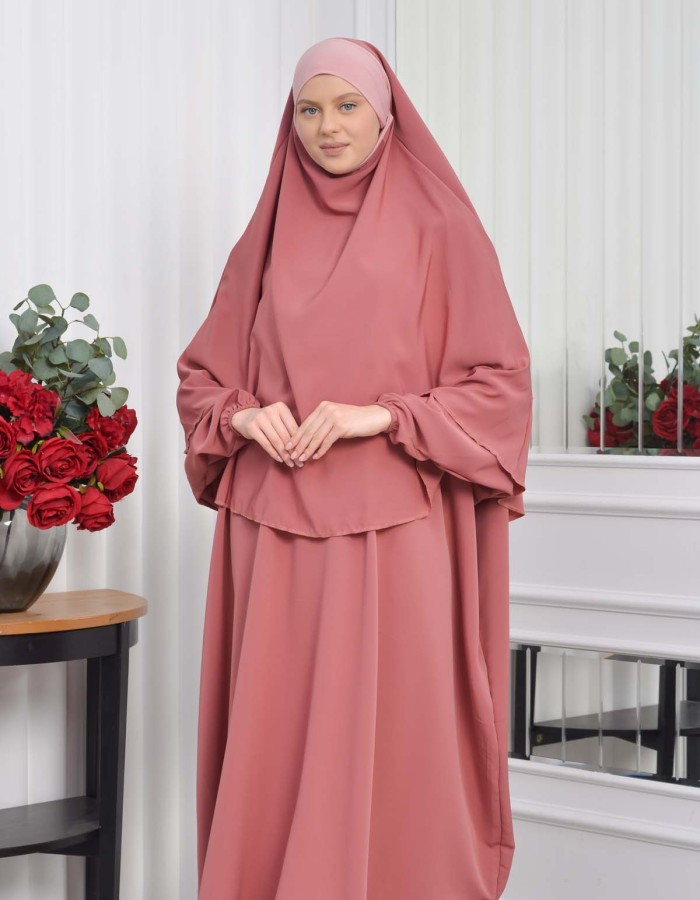Muslim Wear Hijab Dresses , Womens Clothes Butterfly Hijab Set 2 Pieces 826 - light pink