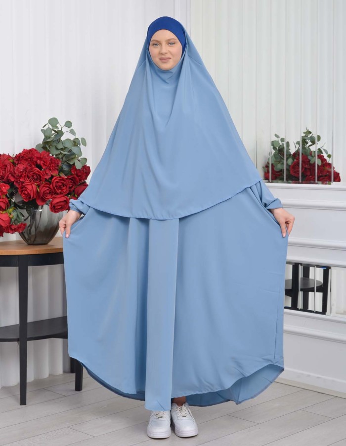 Muslim Wear Hijab Dresses , Womens Clothes Butterfly Hijab Set 2 Pieces 826 - baby blue