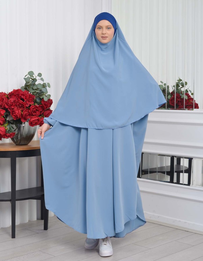 Muslim Wear Hijab Dresses , Womens Clothes Butterfly Hijab Set 2 Pieces 826 - baby blue