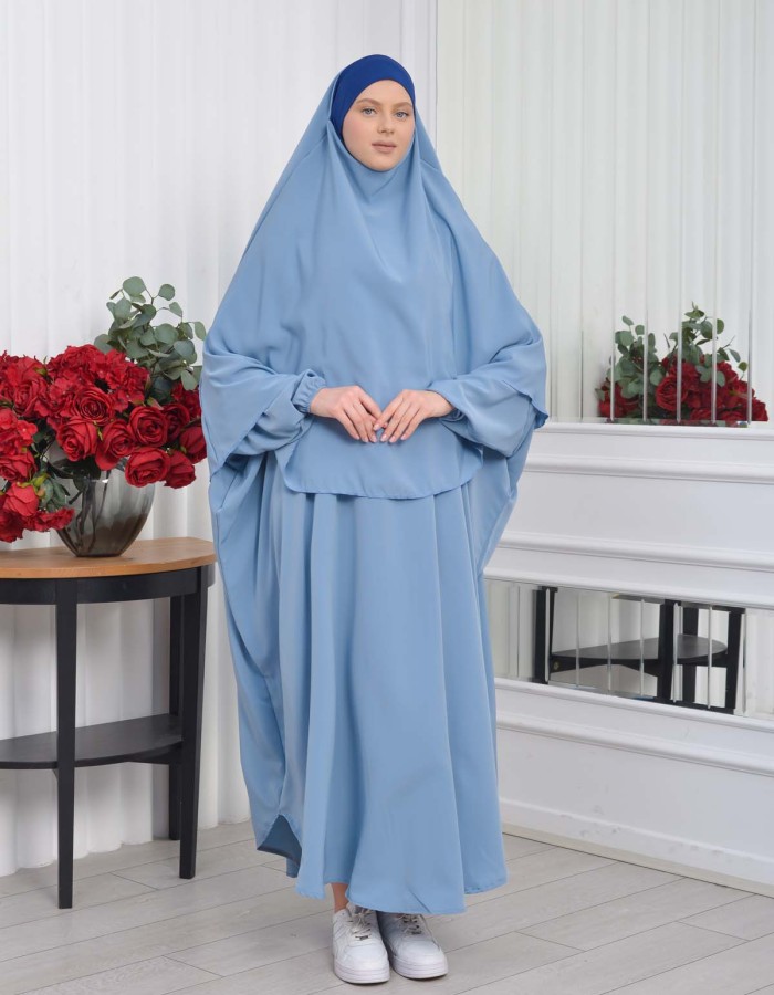 Muslim Wear Hijab Dresses , Womens Clothes Butterfly Hijab Set 2 Pieces 826 - baby blue