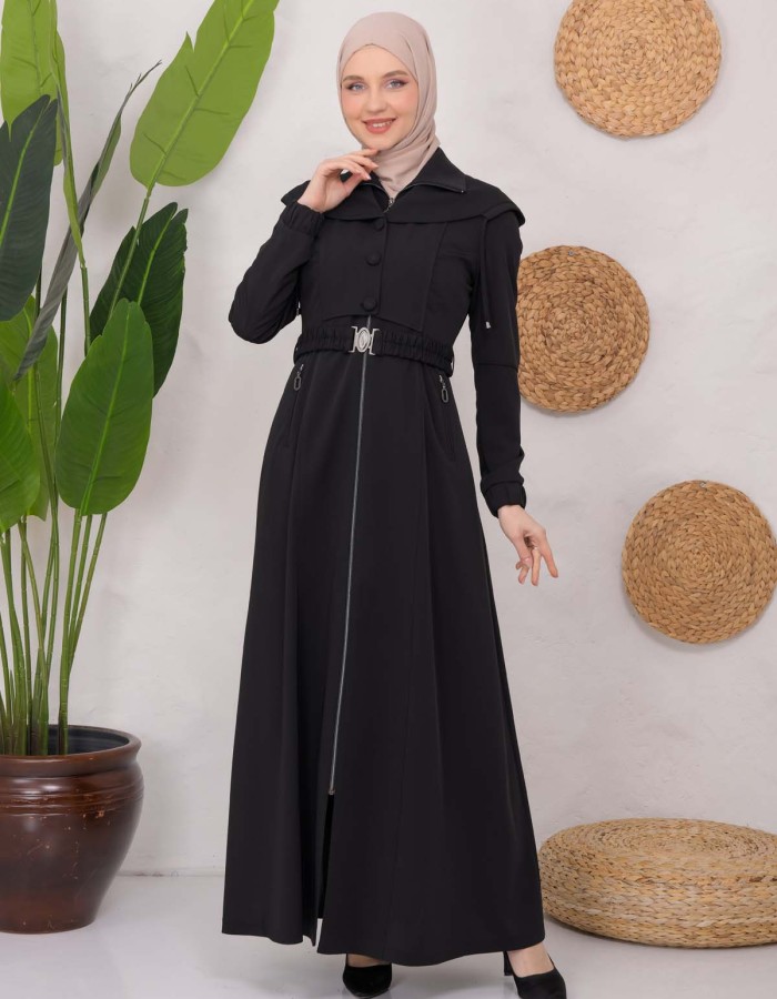 Modest Topcoat With Buttoned Detail 1220 Siyah