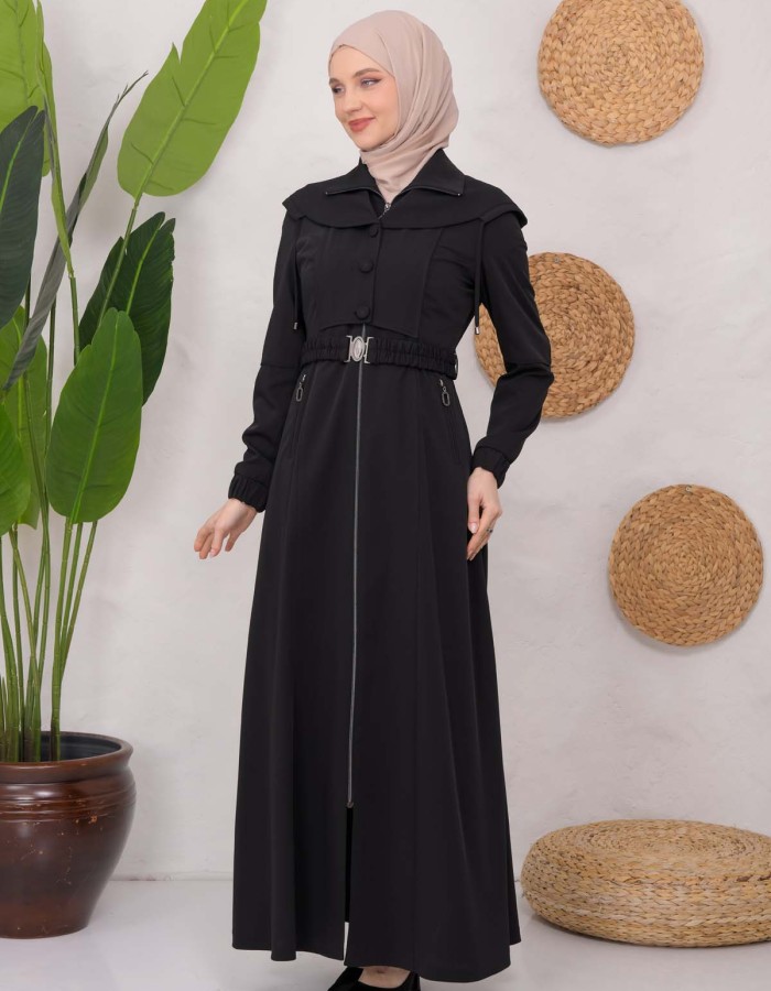 Modest Topcoat With Buttoned Detail 1220 Siyah