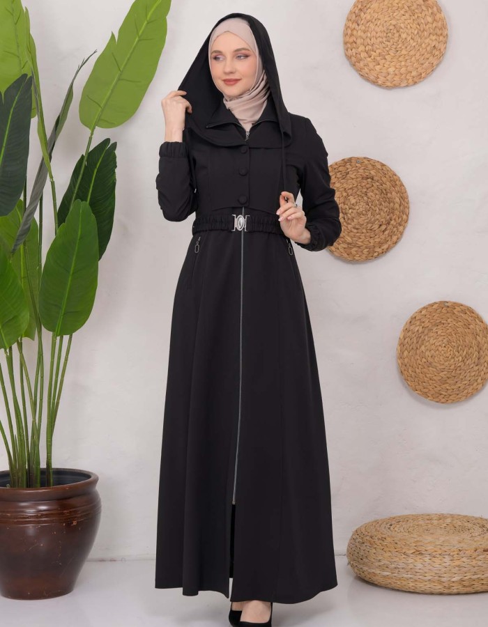 Modest Topcoat With Buttoned Detail 1220 Siyah