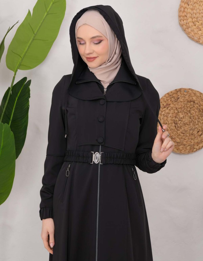 Modest Topcoat With Buttoned Detail 1220 Siyah