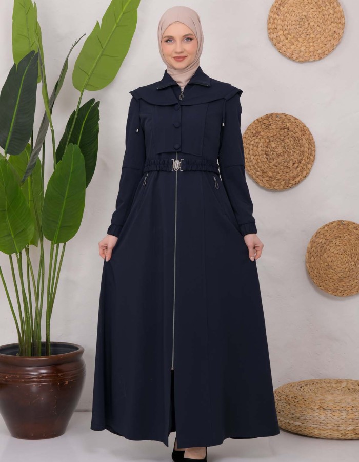 Modest Topcoat With Buttoned Detail 1220 Lacivert