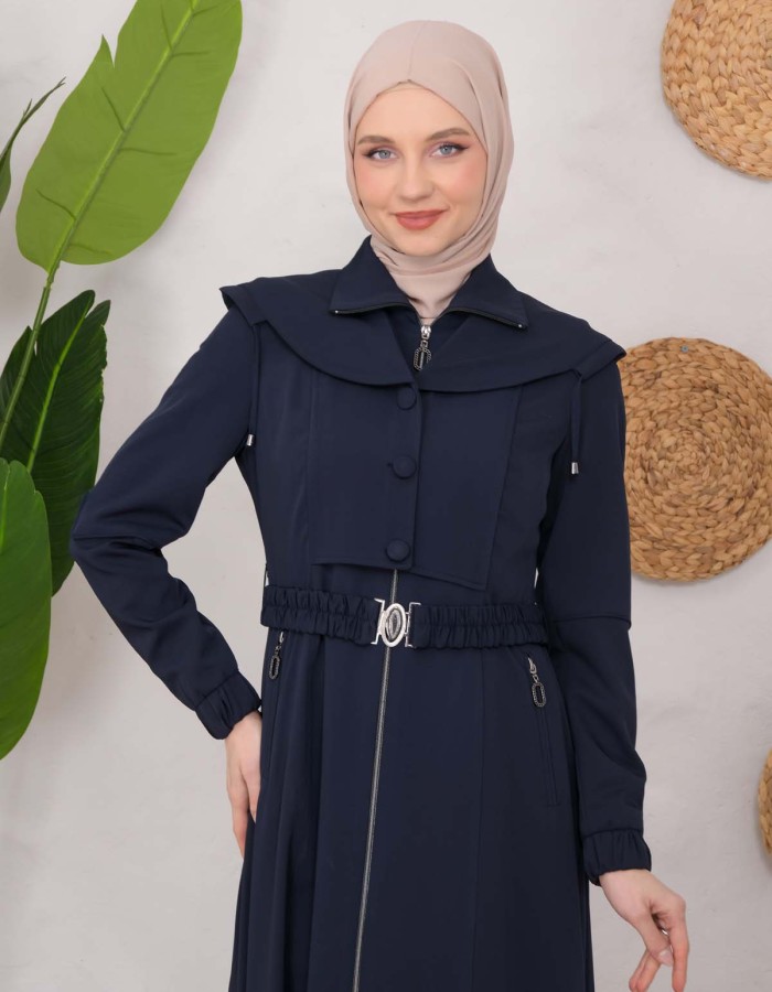 Modest Topcoat With Buttoned Detail 1220 Lacivert