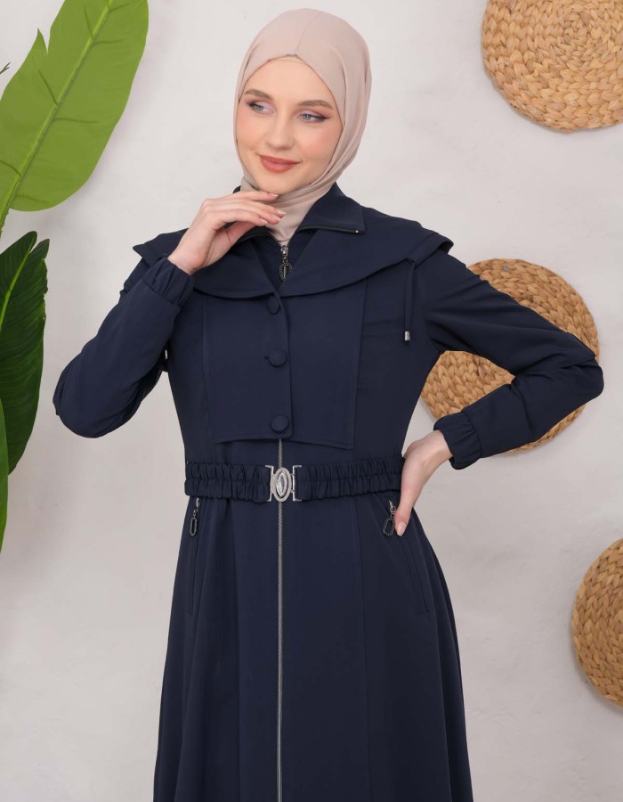 Modest Topcoat With Buttoned Detail 1220 Lacivert