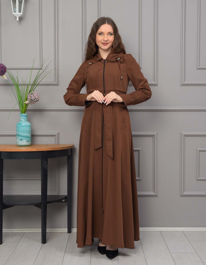 Belted Hooded Hijabi Prada Topcoat 1231 - brown