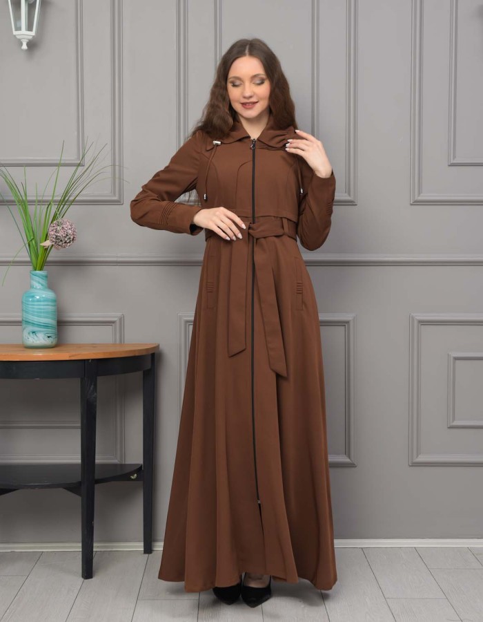 Belted Hooded Hijabi Prada Topcoat 1231 - brown