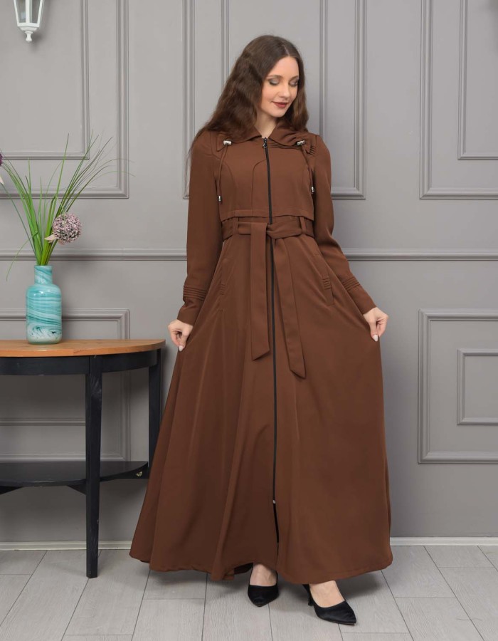 Belted Hooded Hijabi Prada Topcoat 1231 - brown