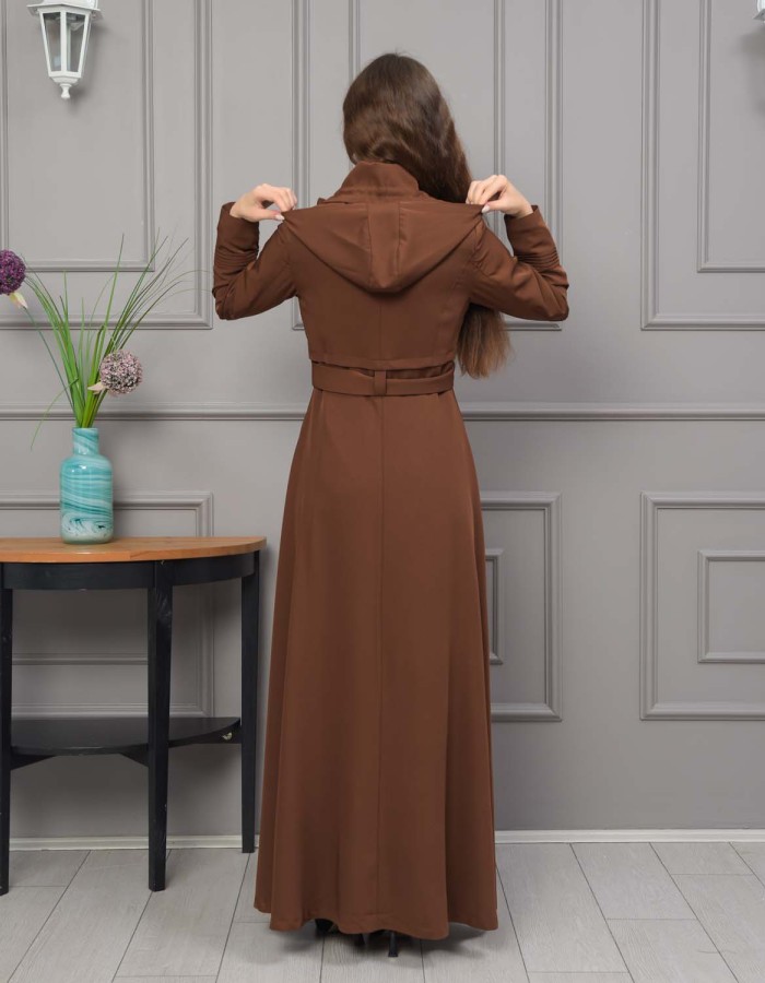 Belted Hooded Hijabi Prada Topcoat 1231 - brown