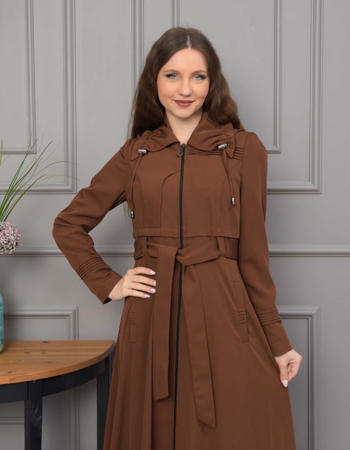 Belted Hooded Hijabi Prada Topcoat 1231 - brown