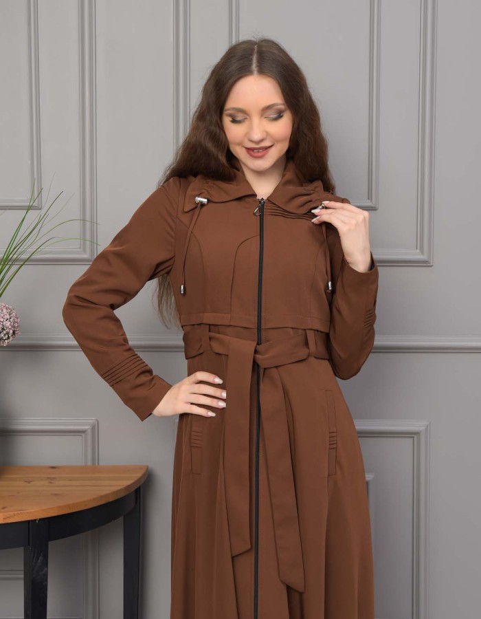 Belted Hooded Hijabi Prada Topcoat 1231 - brown