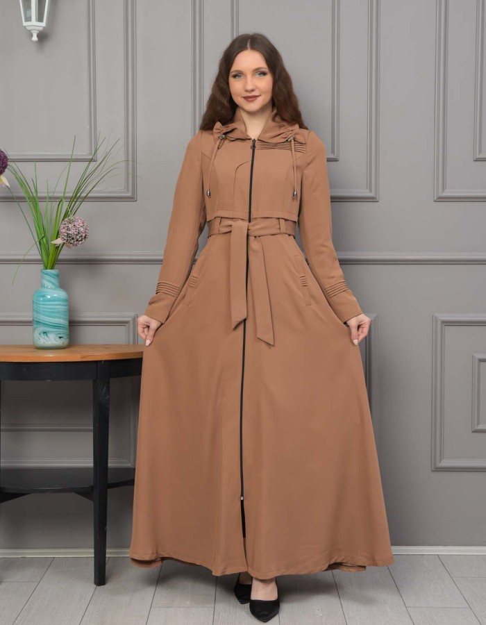 Belted Hooded Hijabi Prada Topcoat 1231 - tan