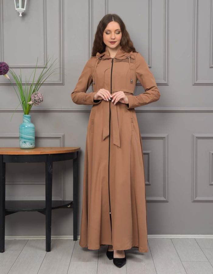 Belted Hooded Hijabi Prada Topcoat 1231 - tan