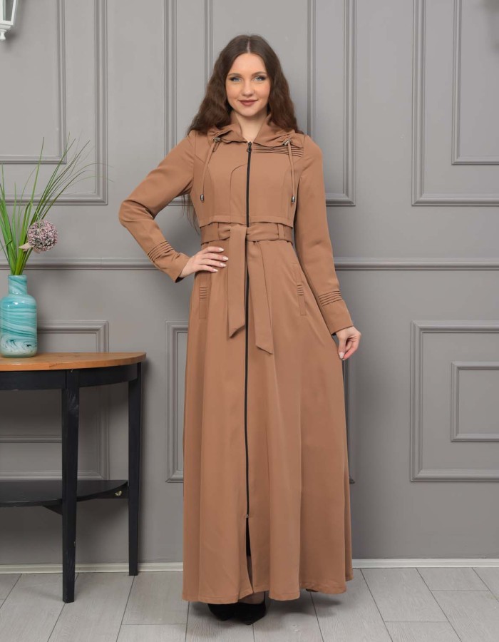 Belted Hooded Hijabi Prada Topcoat 1231 - tan
