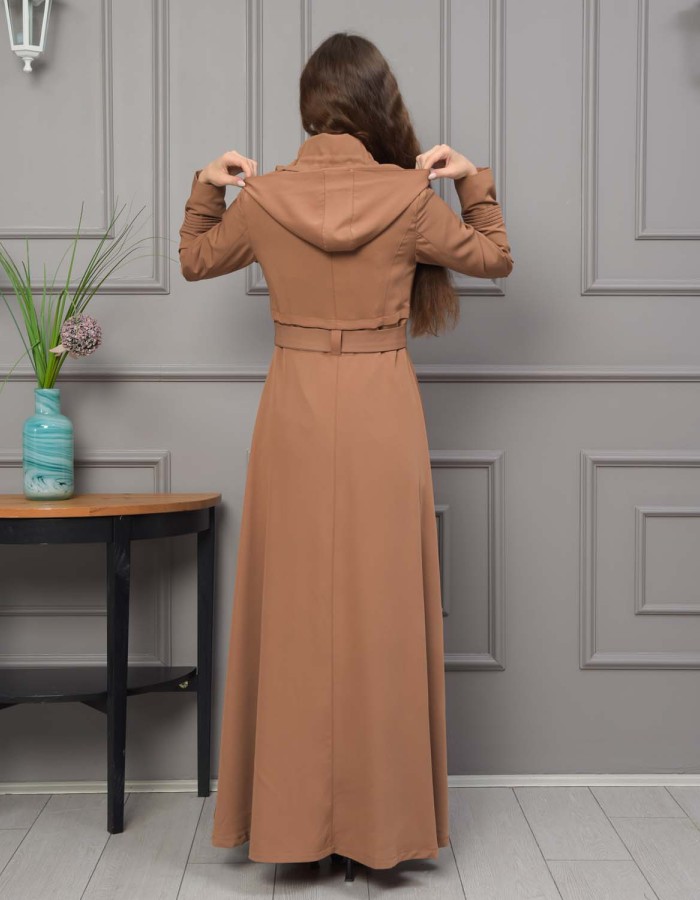 Belted Hooded Hijabi Prada Topcoat 1231 - tan