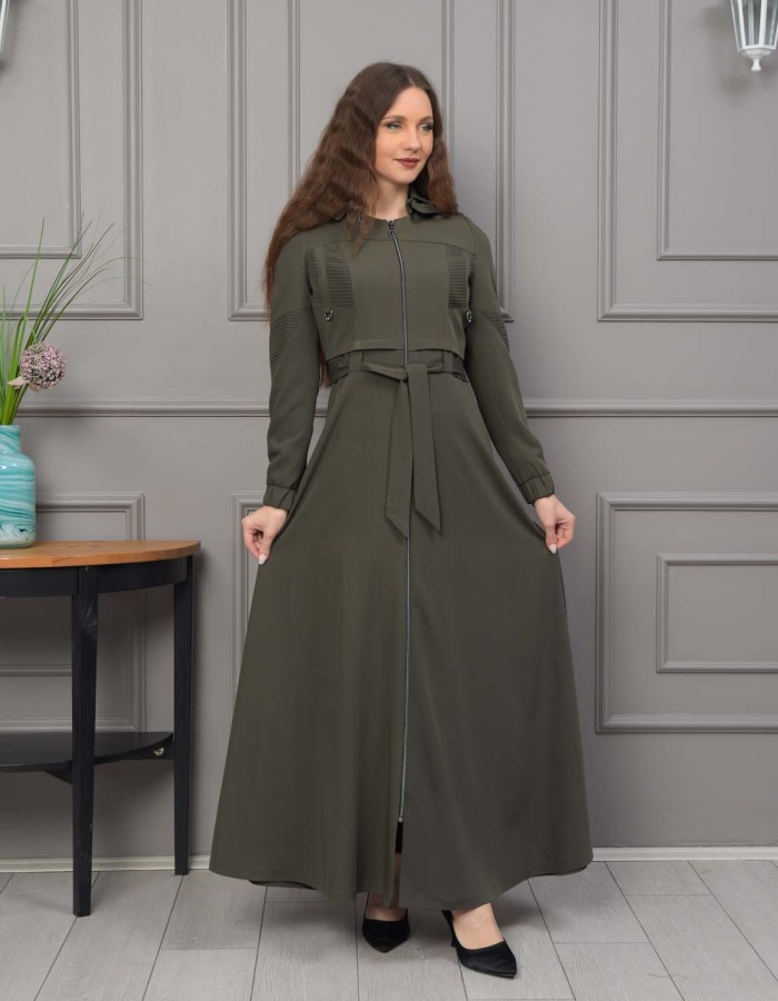 Hooded Belted Hijabi Prada Topcoat 1232 - khaki