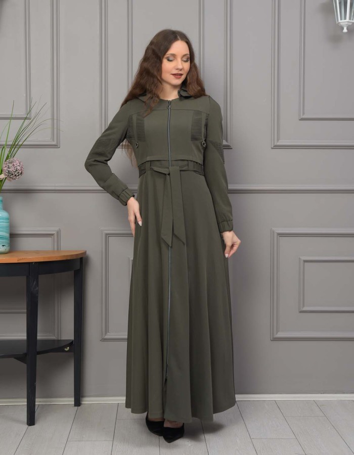 Hooded Belted Hijabi Prada Topcoat 1232 - khaki