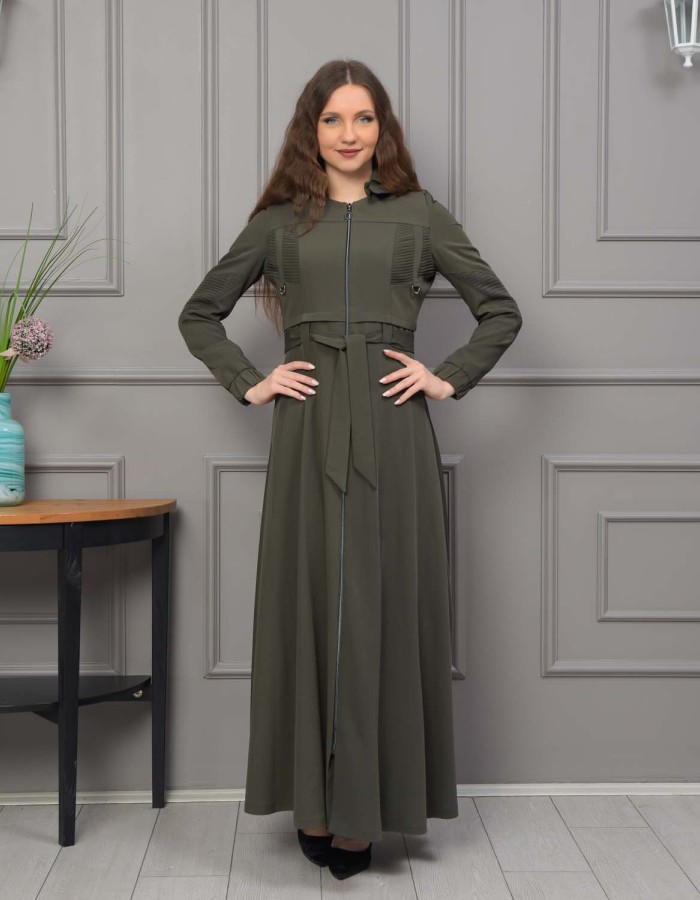Hooded Belted Hijabi Prada Topcoat 1232 - khaki