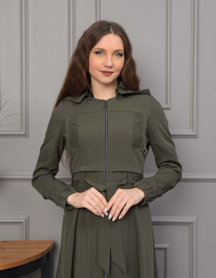 Hooded Belted Hijabi Prada Topcoat 1232 - khaki