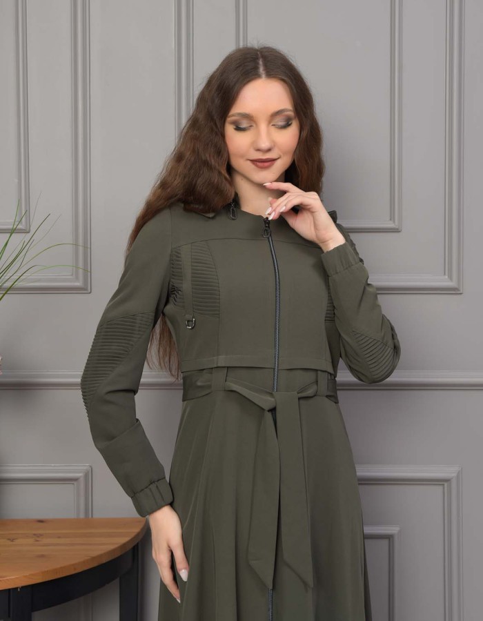 Hooded Belted Hijabi Prada Topcoat 1232 - khaki