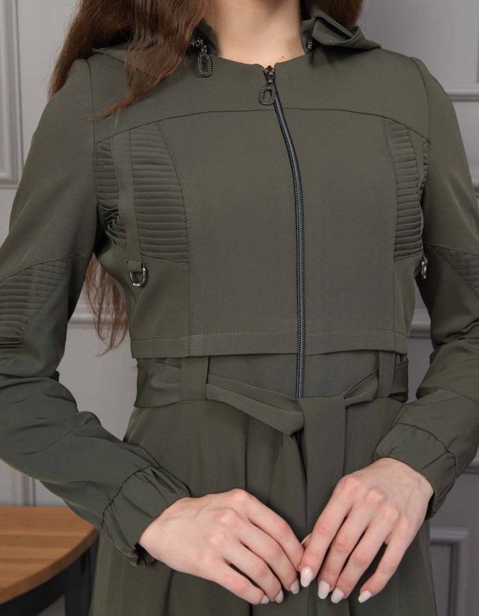 Hooded Belted Hijabi Prada Topcoat 1232 - khaki