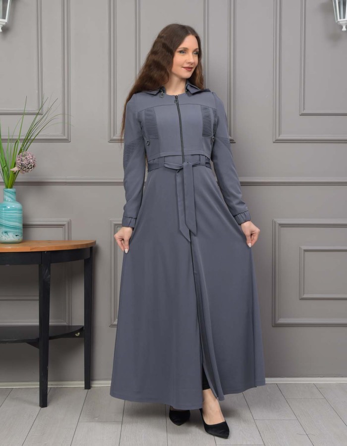 Hooded Belted Hijabi Prada Topcoat 1232 - gray