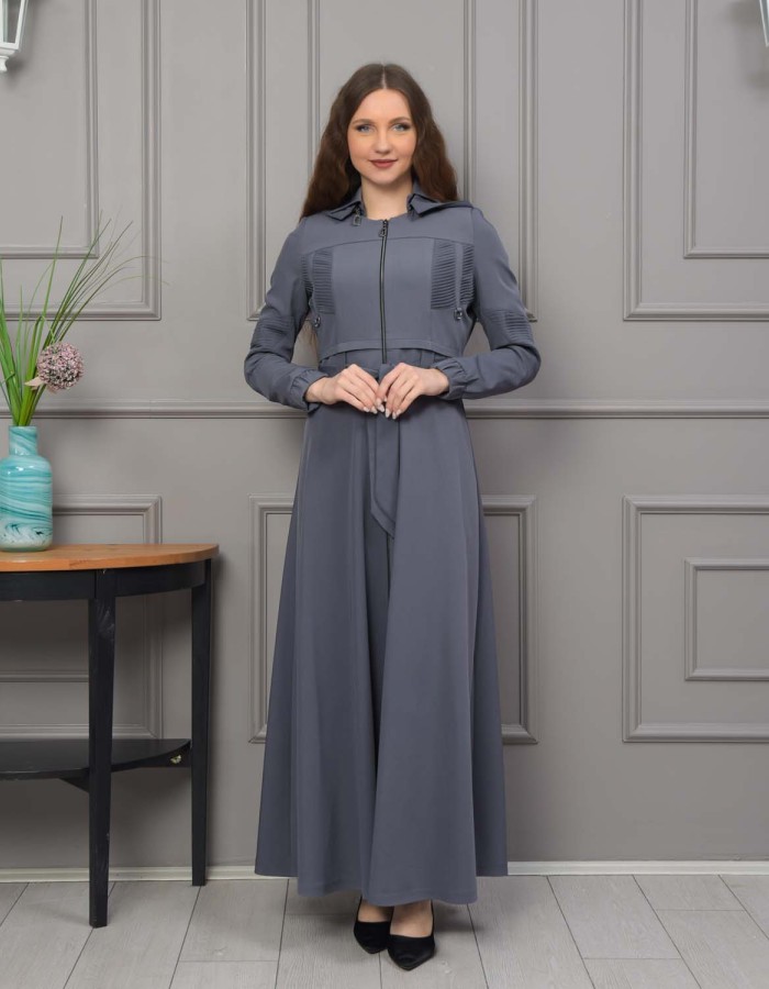 Hooded Belted Hijabi Prada Topcoat 1232 - gray