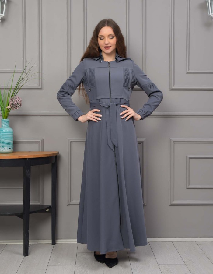 Hooded Belted Hijabi Prada Topcoat 1232 - gray
