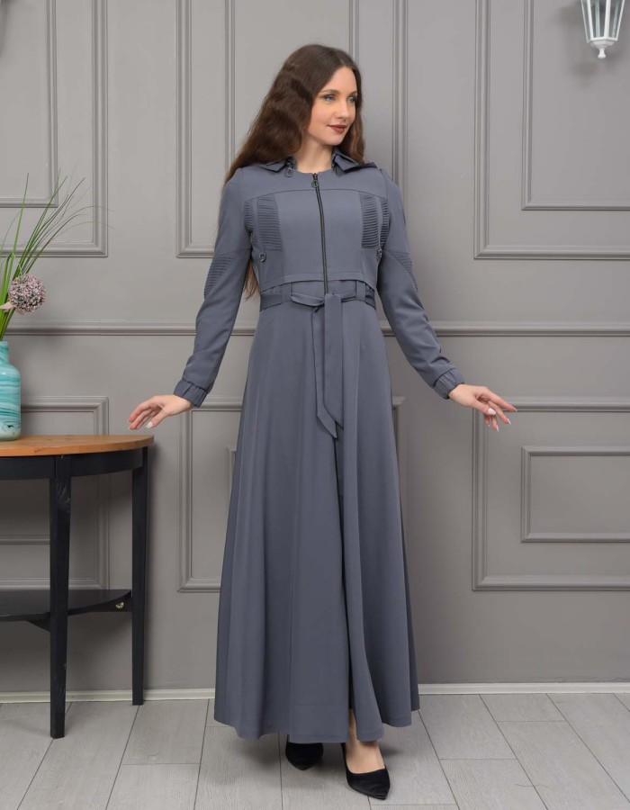 Hooded Belted Hijabi Prada Topcoat 1232 - gray