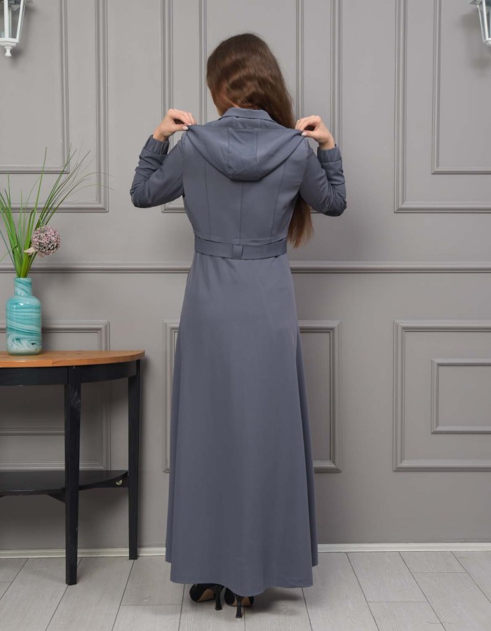 Hooded Belted Hijabi Prada Topcoat 1232 - gray
