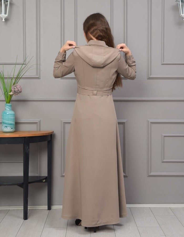 Hooded Belted Hijabi Prada Topcoat 1232 - beige