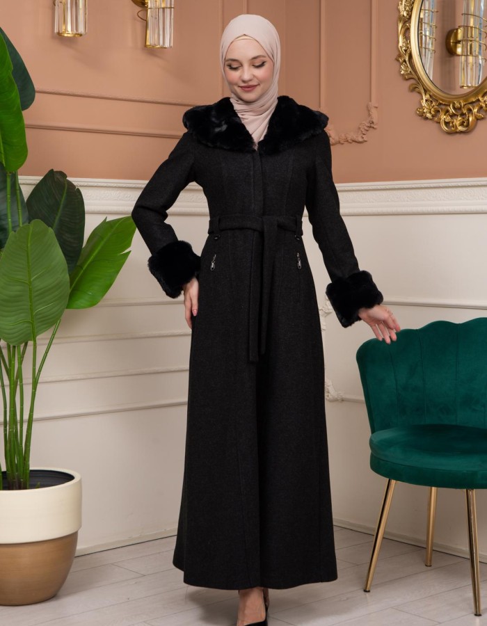 Woolen Winter Coat with Fur Lining - 1360 - Schwarz