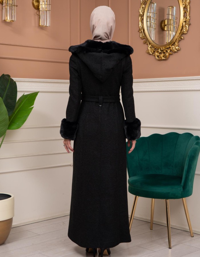 Woolen Winter Coat with Fur Lining - 1360 - Schwarz