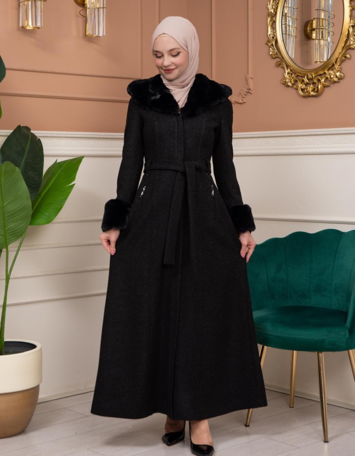Woolen Winter Coat with Fur Lining - 1360 - Schwarz