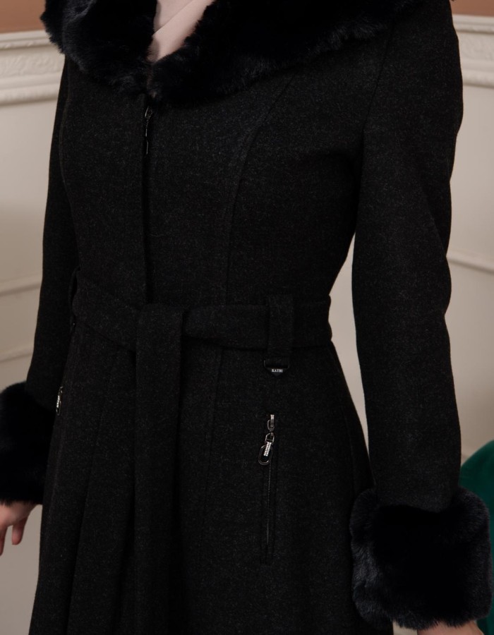 Woolen Winter Coat with Fur Lining - 1360 - Schwarz