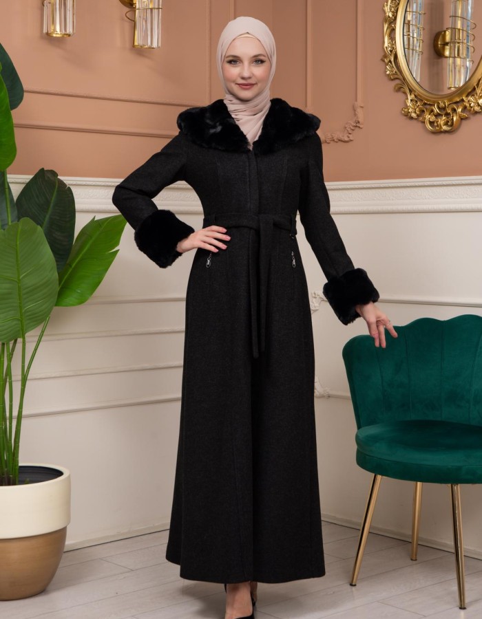 Woolen Winter Coat with Fur Lining - 1360 - Schwarz