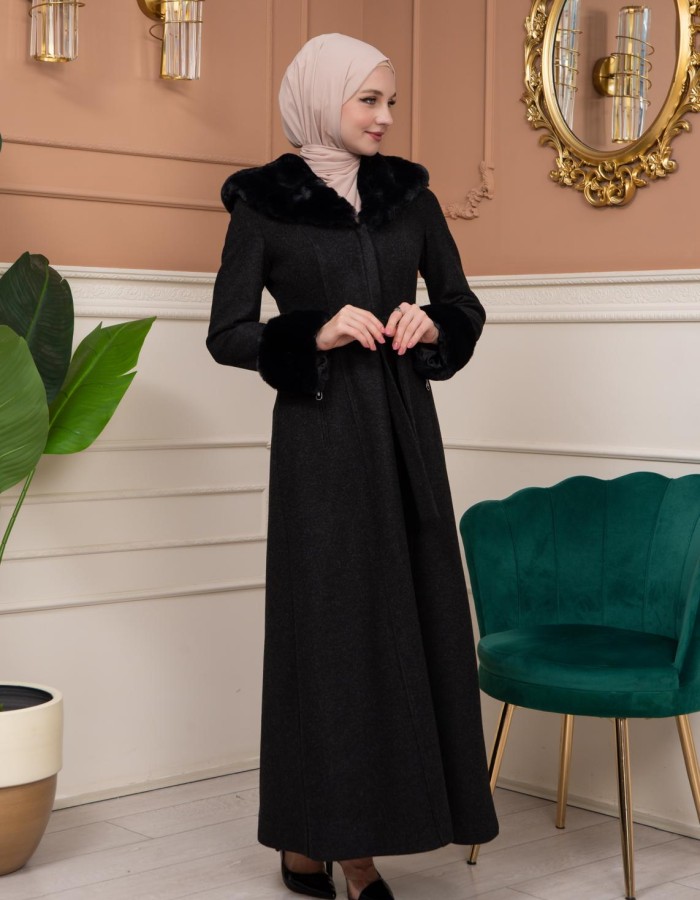 Woolen Winter Coat with Fur Lining - 1360 - Schwarz