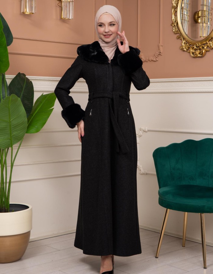 Woolen Winter Coat with Fur Lining - 1360 - Schwarz