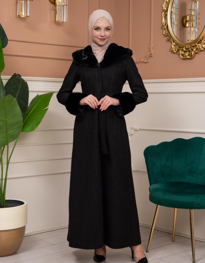 Woolen Winter Coat with Fur Lining - 1360 - Schwarz