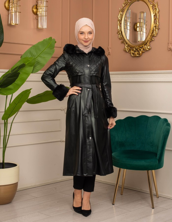 Trench Coat with Treated Leather Code 1365 - Schwarz