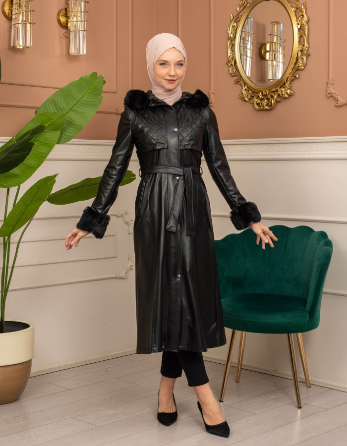 Trench Coat with Treated Leather Code 1365 - Schwarz