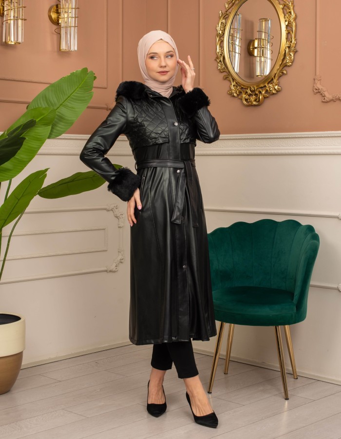 Trench Coat with Treated Leather Code 1365 - Schwarz