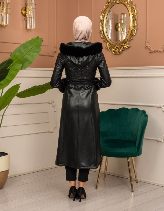 Trench Coat with Treated Leather Code 1365 - Schwarz