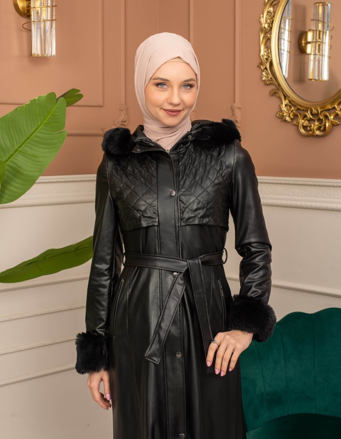 Trench Coat with Treated Leather Code 1365 - Schwarz